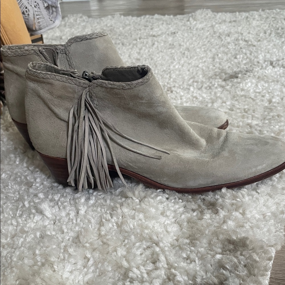 Sam Edelman Light Gray Suede Ankle Booties with Fringe